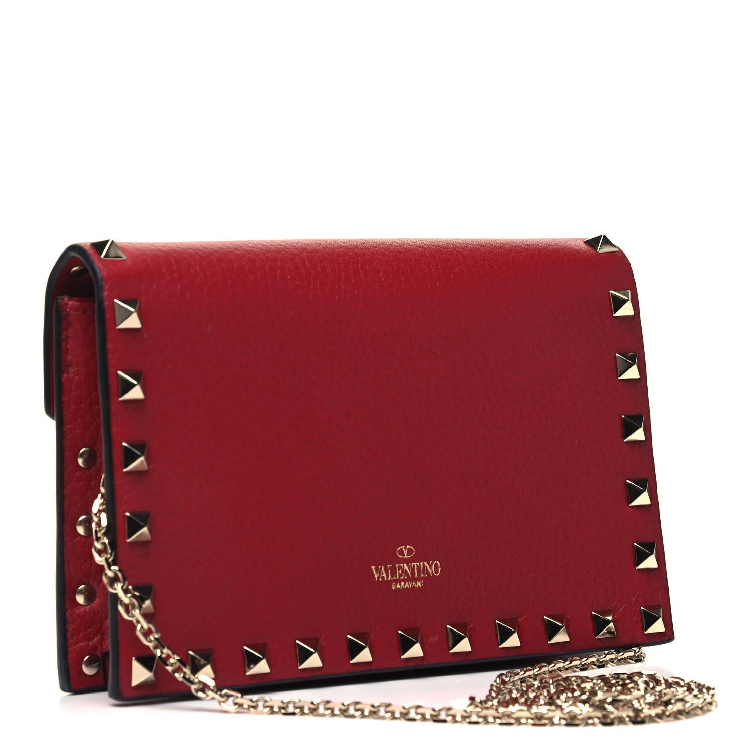 Valentino Garavani Pebbled Calfskin Rockstud Envelope Wallet on Chain Rubino 2 of 7