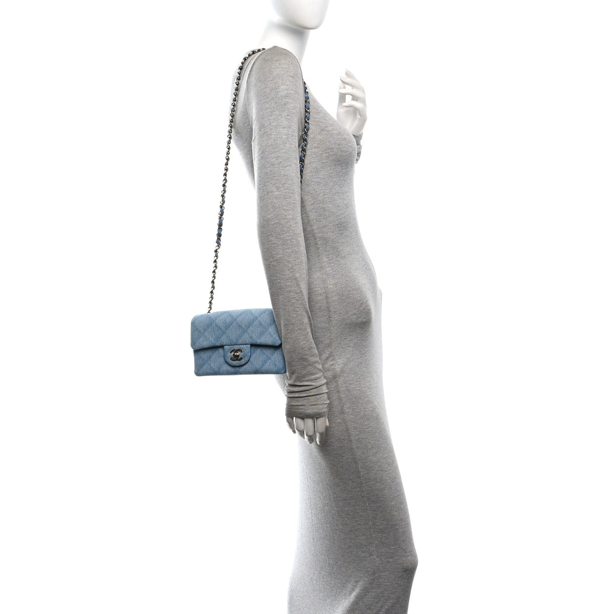 Printed Denim Quilted Mini Rectangular Flap Light Blue
