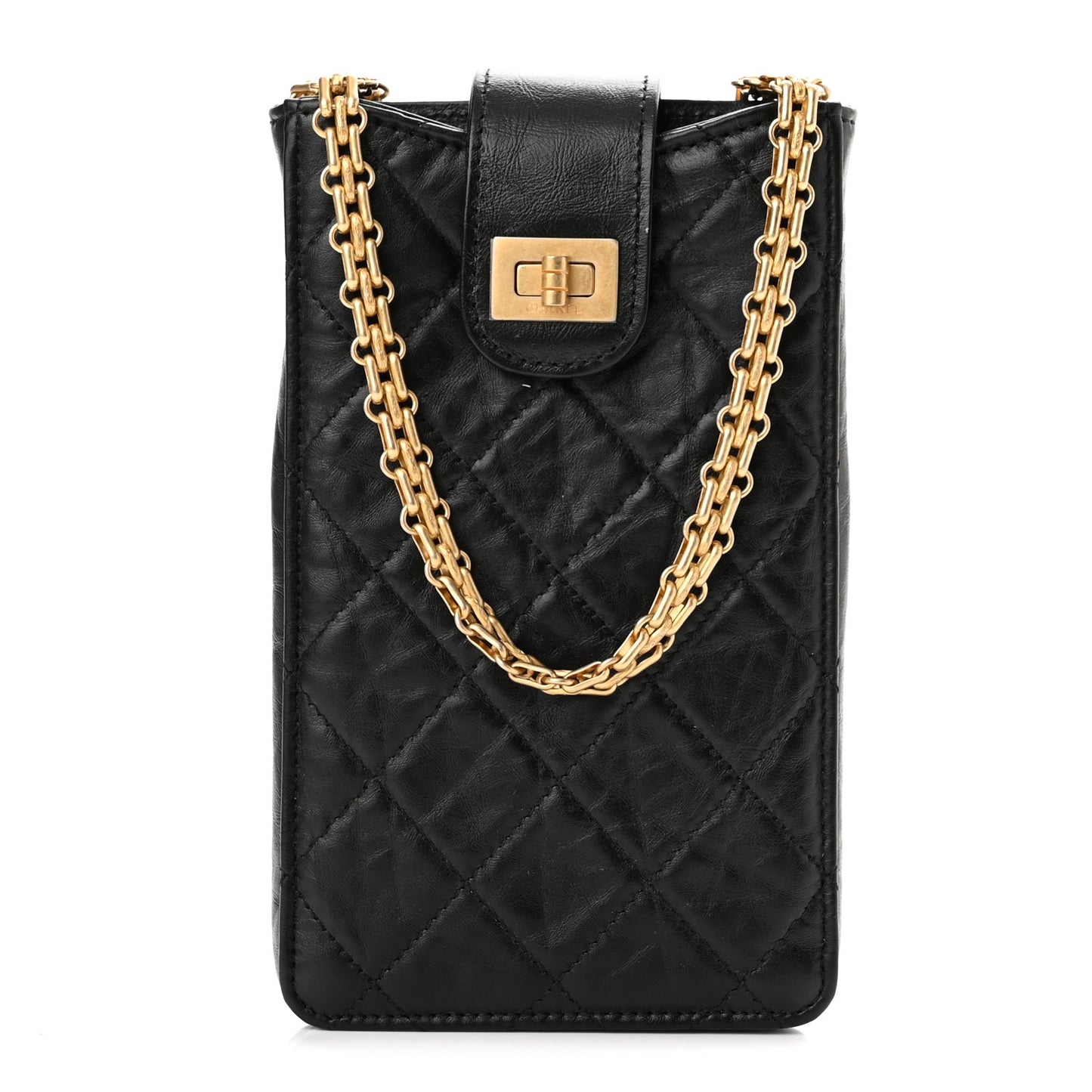 Aged Calfskin Quilted 2.55 Reissue Phone Holder With Chain Black