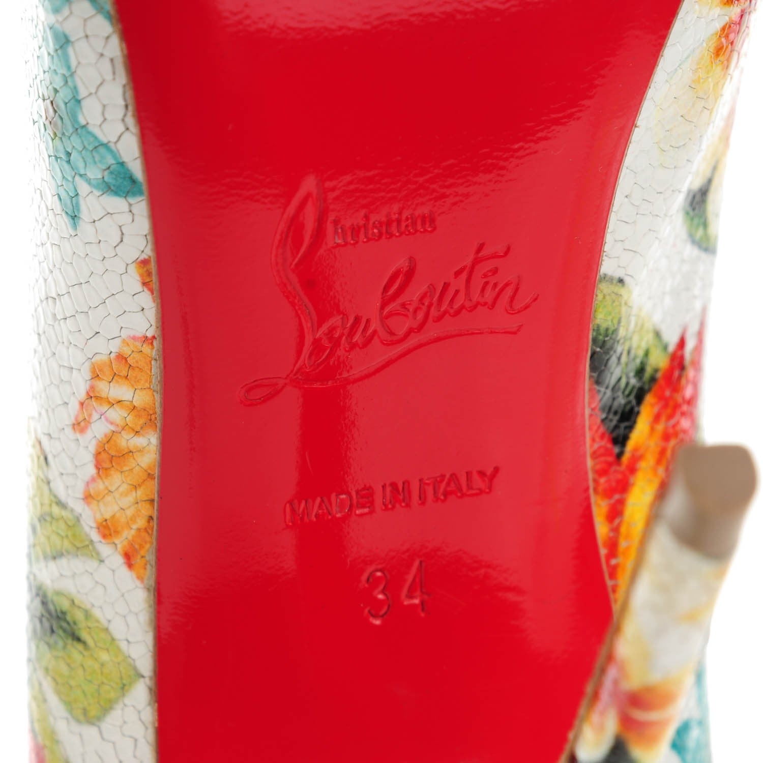 Christian Louboutin Crackled Calfskin Hawaii Print So Kate 120 Pumps 34 White Multi 6 of 7