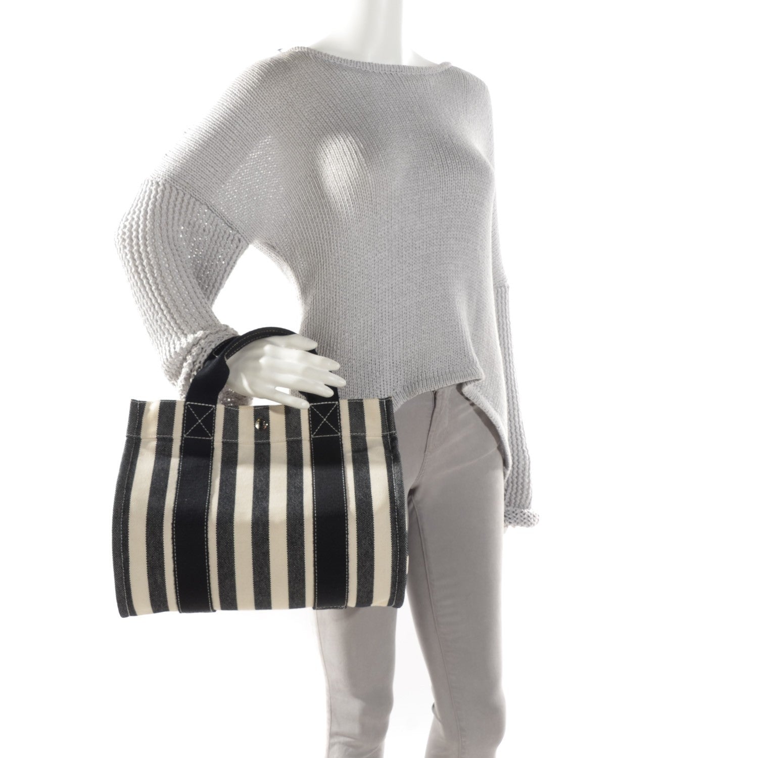 Hermes Canvas Striped Cannes MM Black White 3 of 10