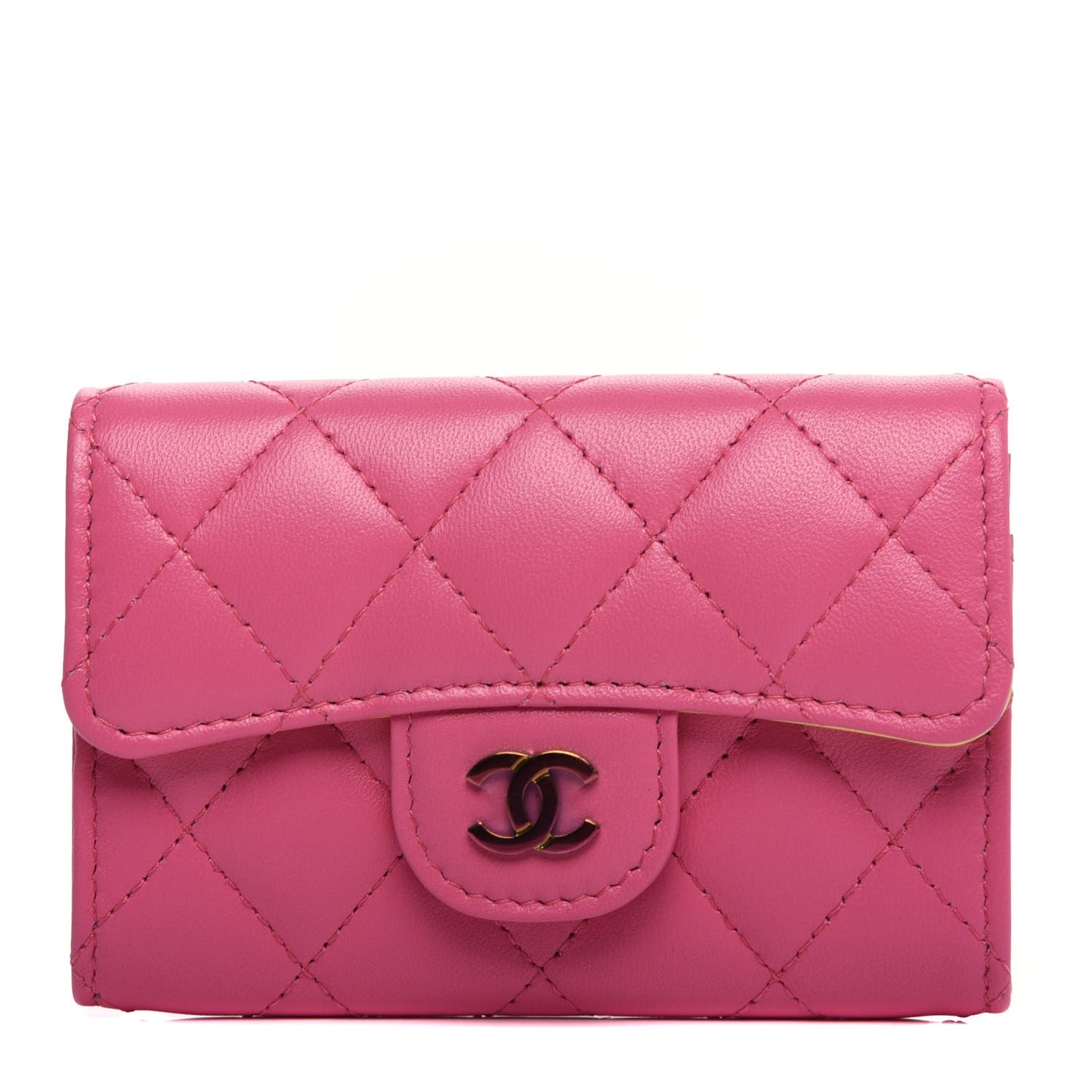Lambskin Quilted Flap Card Holder Wallet Pink Yellow