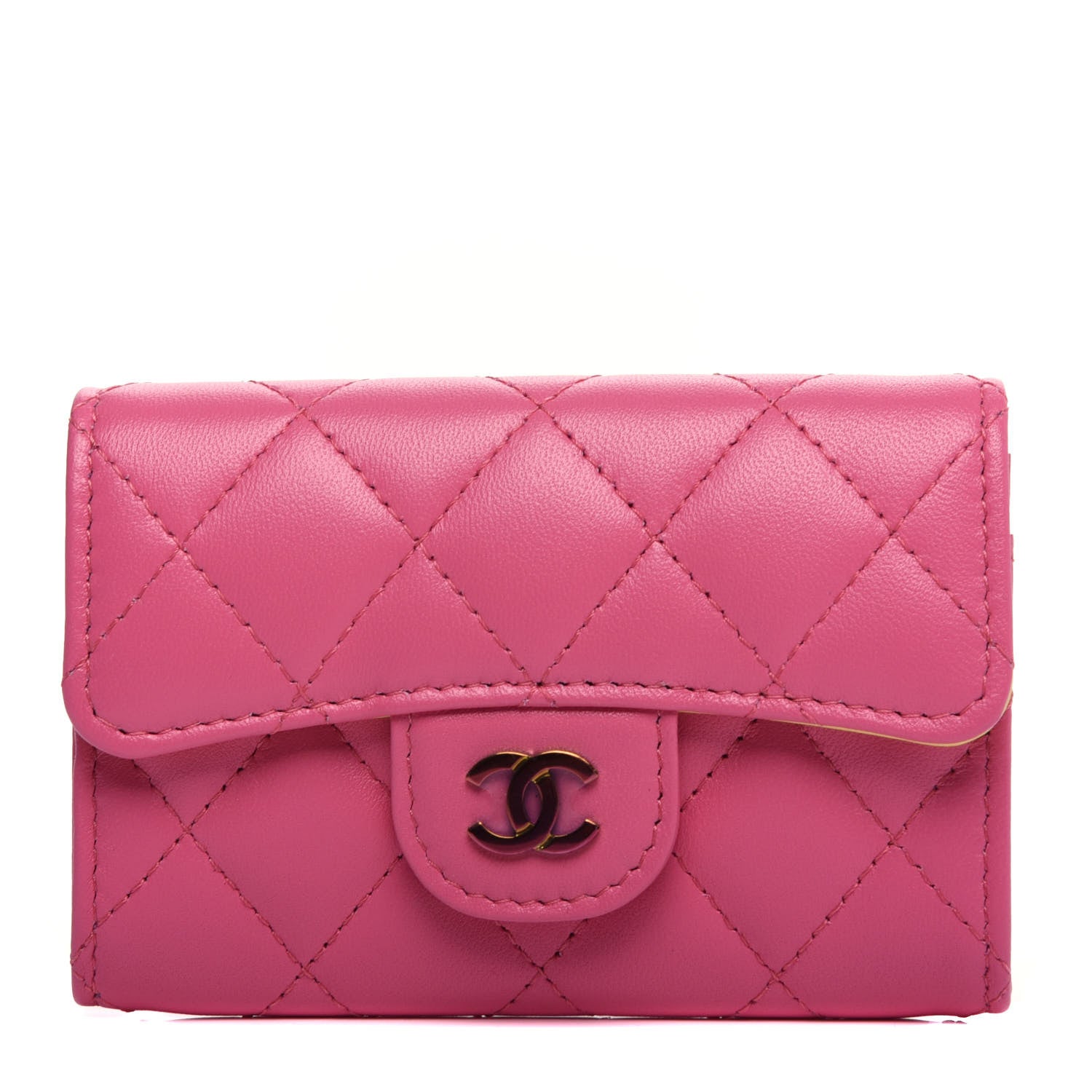 Chanel Lambskin Quilted Flap Card Holder Wallet Pink Yellow 1 of 9
