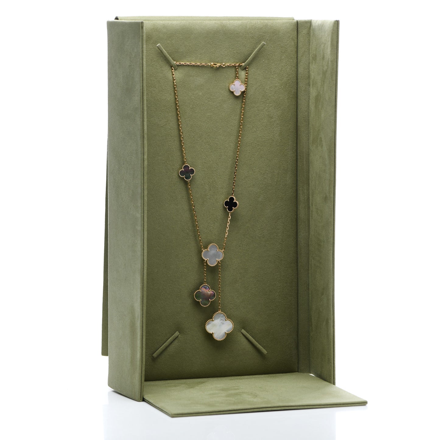 18K Yellow Gold Mother of Pearl Onyx 6 Motifs Magic Alhambra Necklace