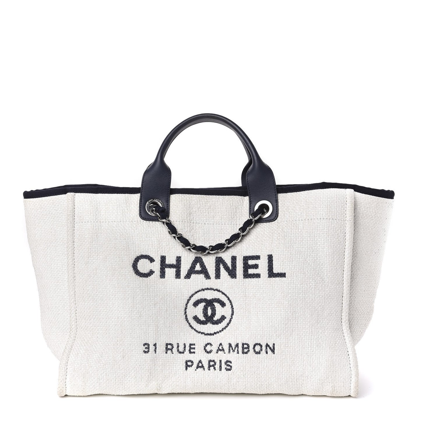 Woven Straw Raffia Medium Deauville Tote White Navy
