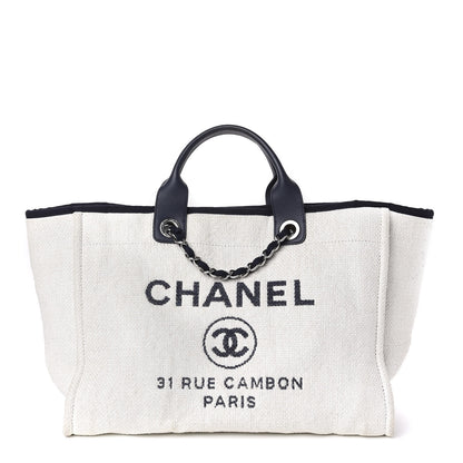 Chanel Woven Straw Raffia Medium Deauville Tote White Navy 1 of 11