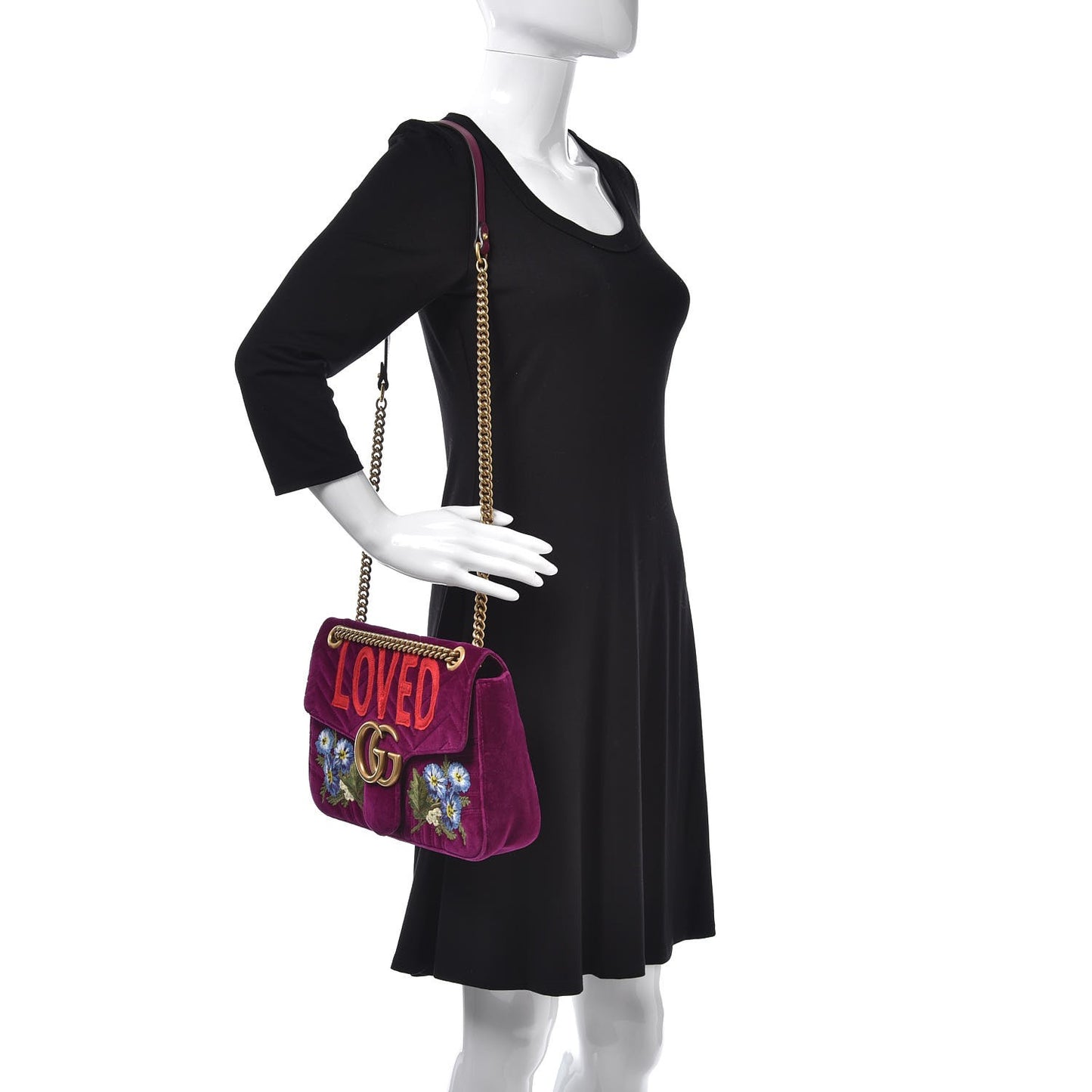 Velvet Matelasse Loved Embroidered Medium GG Marmont Shoulder Bag Fuchsia Violet Cyclamen