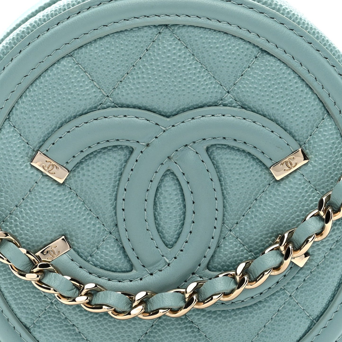 Caviar Quilted Round Filigree Crossbody Light Blue