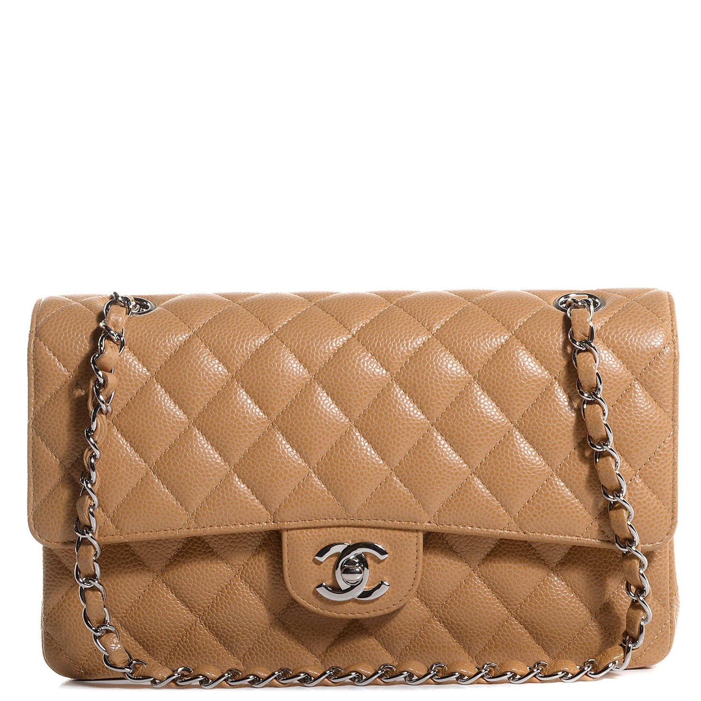 Caviar Quilted Medium Double Flap Beige