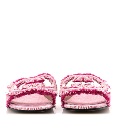 Gucci Fringed Canvas Interlocking G Cut Out Slide Sandals 41 Princess Fuxia Natural 3 of 10