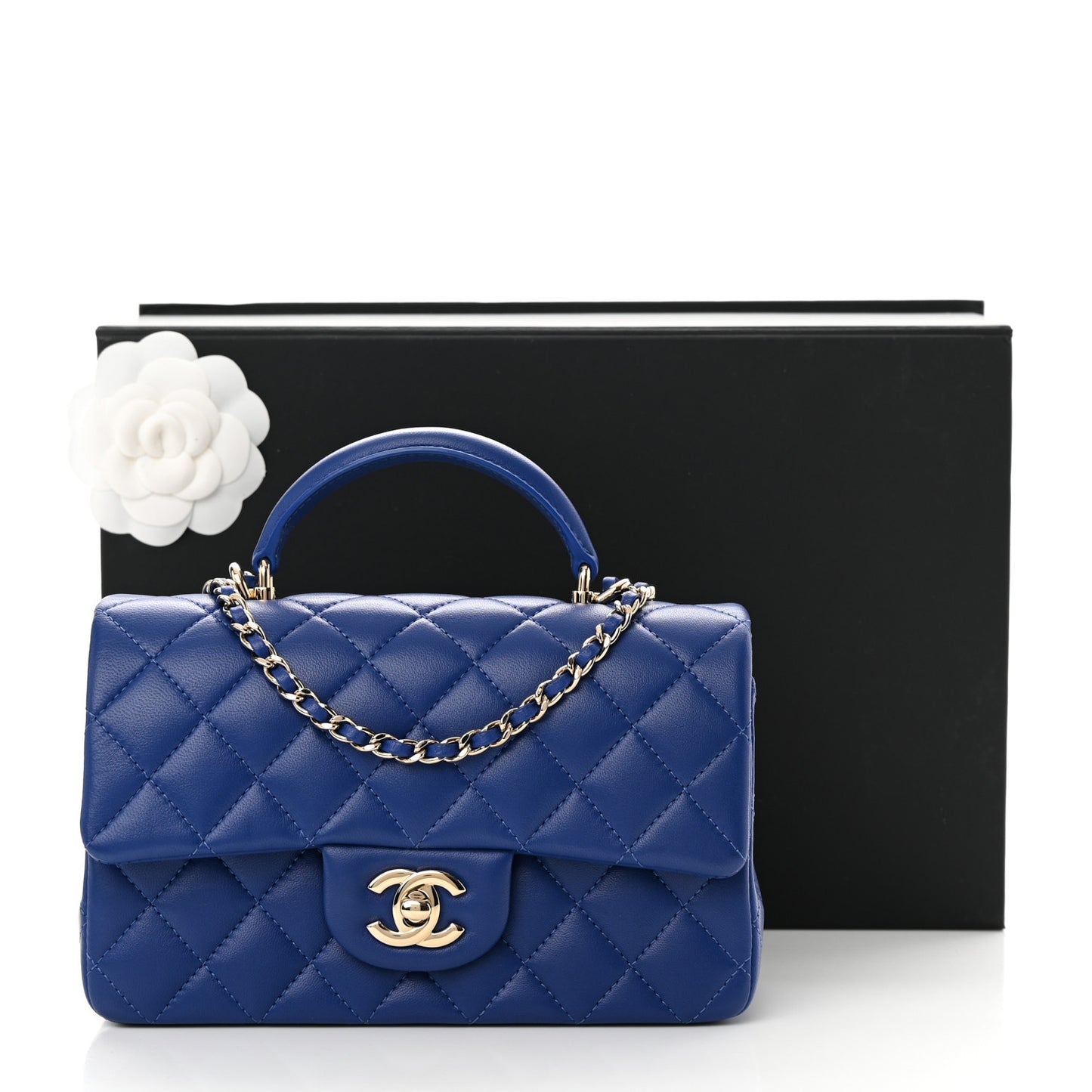 Lambskin Quilted Mini Top Handle Rectangular Flap Blue