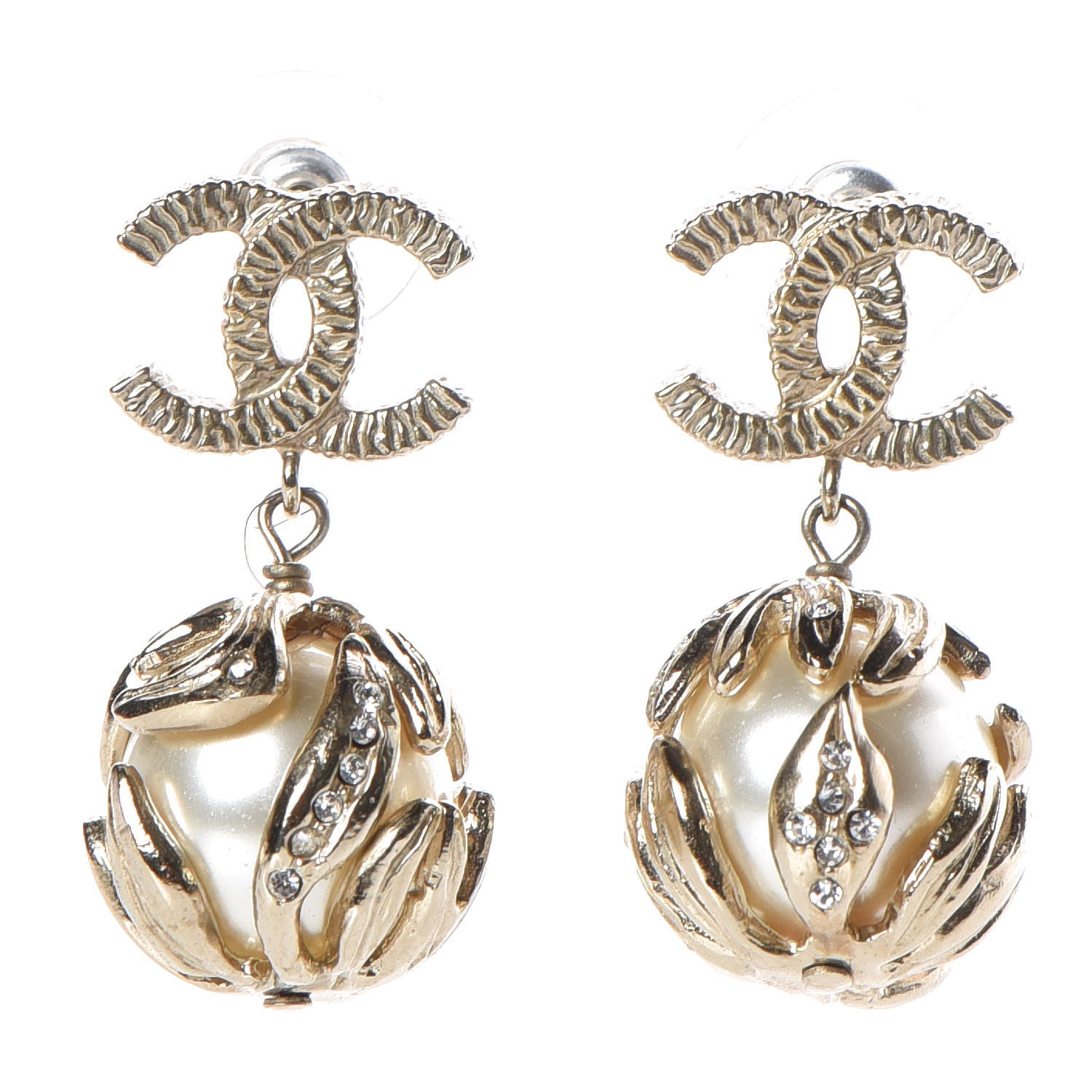 Chanel Crystal Pearl CC Drop Earrings Gold 1 of 5
