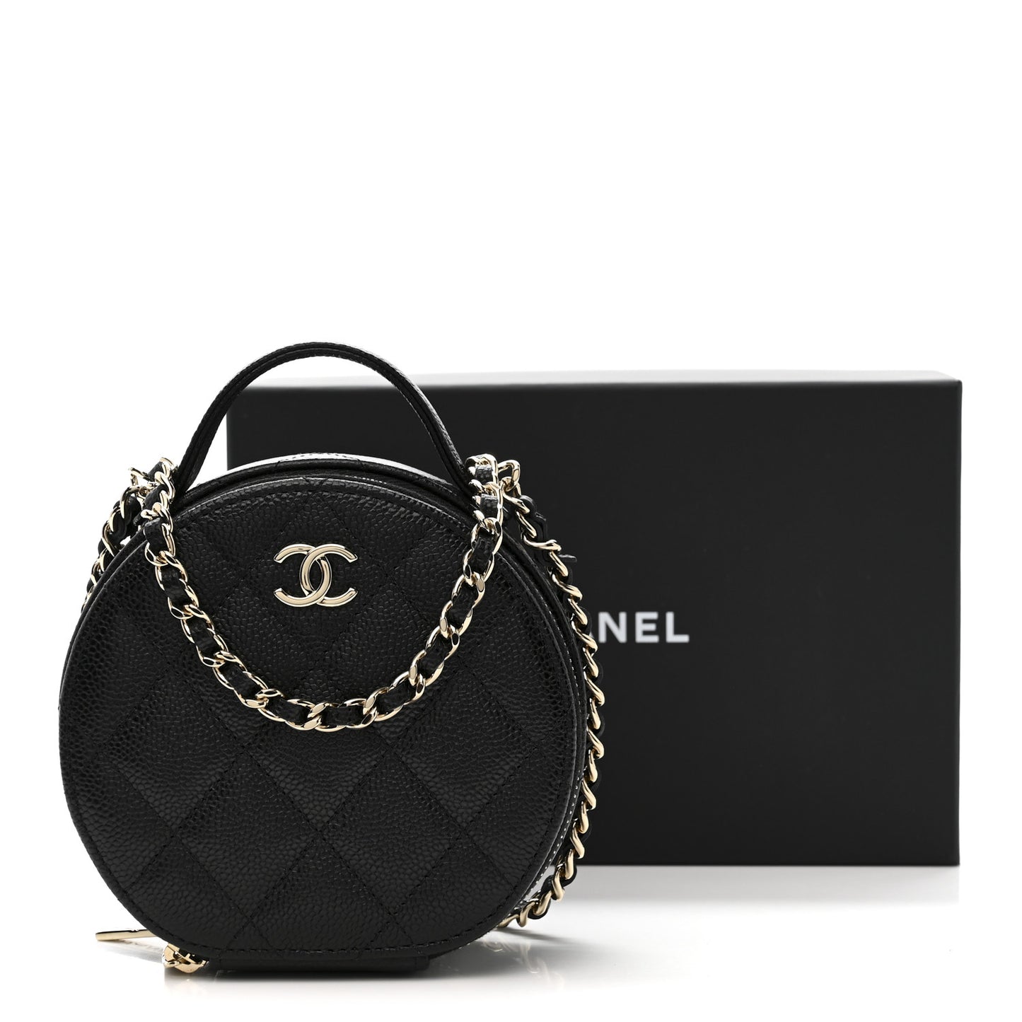 Caviar Quilted Round Handle With Care Vanity With Chain Black
