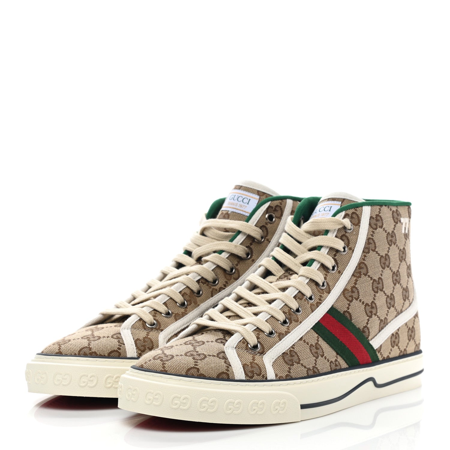 Gucci GG Monogram Web Mens 1977 Tennis High Top Sneakers 11 Beige Ebony Mystic White 3 of 9