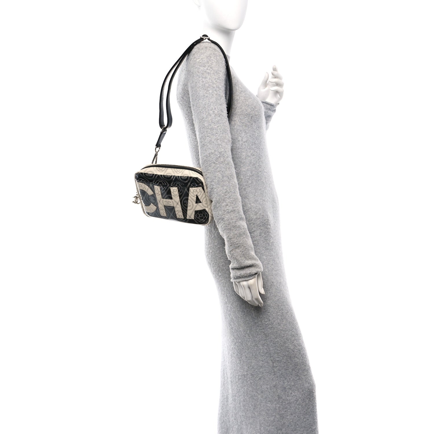 Chanel Coated Canvas Calfskin Camellia Printed Camera Case Black Beige 2 of 10
