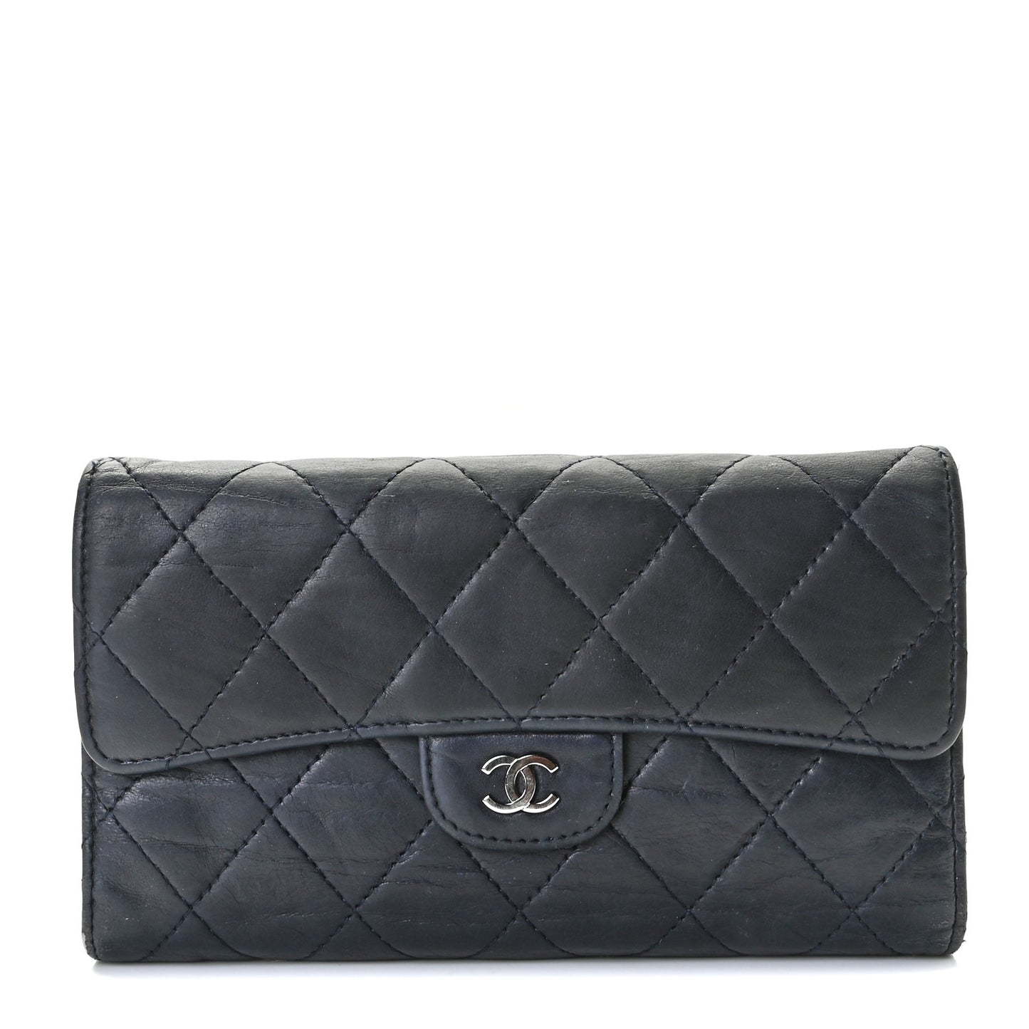 Lambskin Quilted Large Gusset Flap Wallet Navy