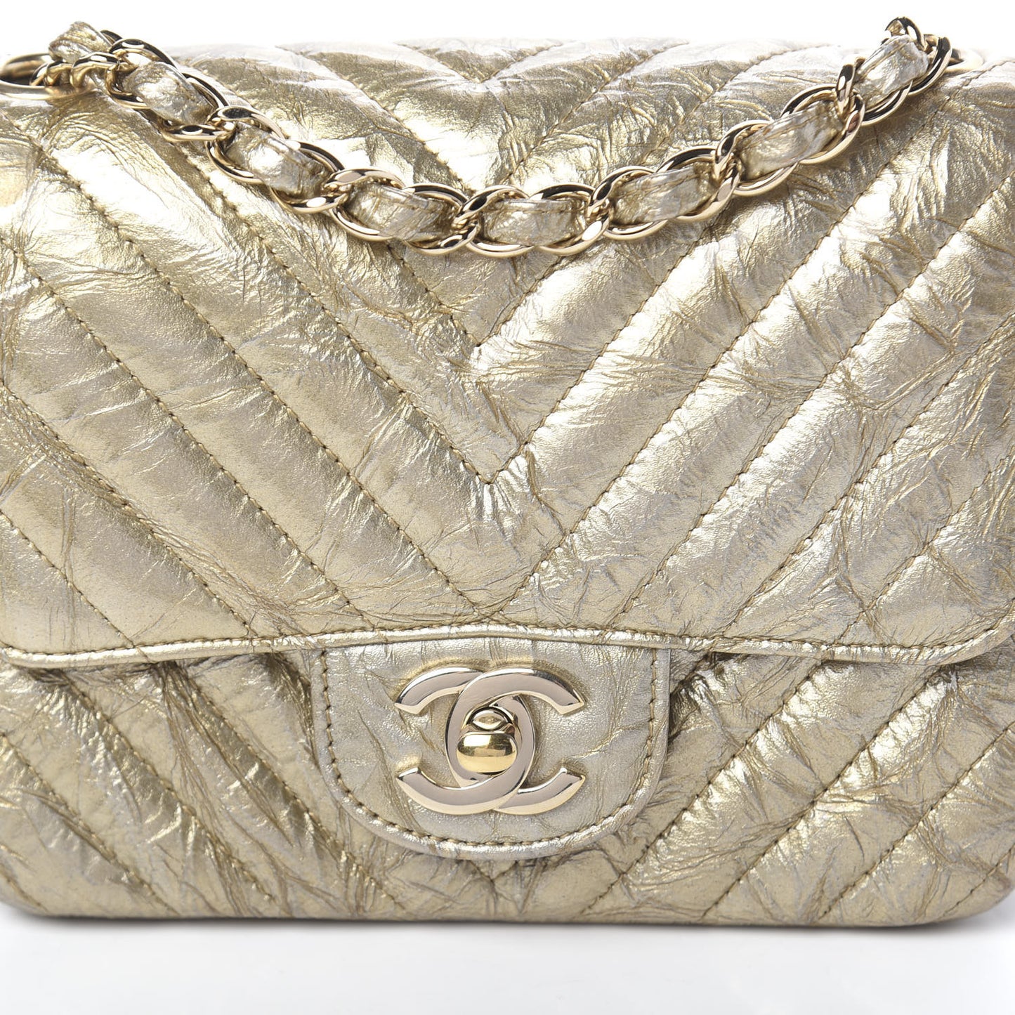Patent Metallic Crumpled Calfskin Chevron Quilted Mini Square Flap Gold