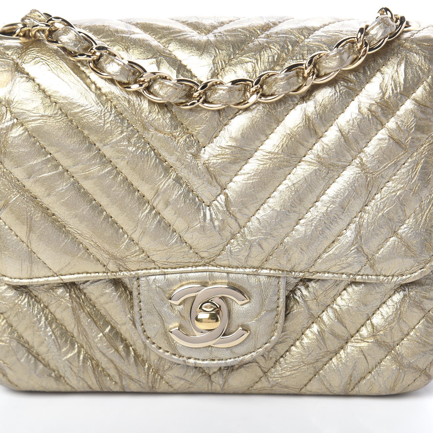 Chanel Patent Metallic Crumpled Calfskin Chevron Quilted Mini Square Flap Gold 10 of 10
