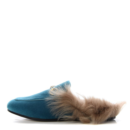 Gucci Velvet Fur Womens Princetown Slippers 36 Cyan 1 of 9