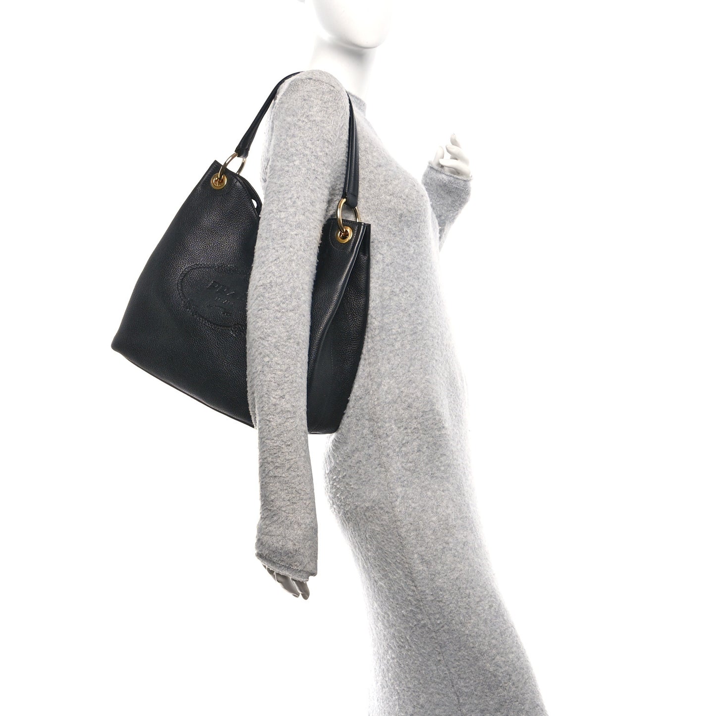 Vitello Phenix Embossed Logo Hobo Black