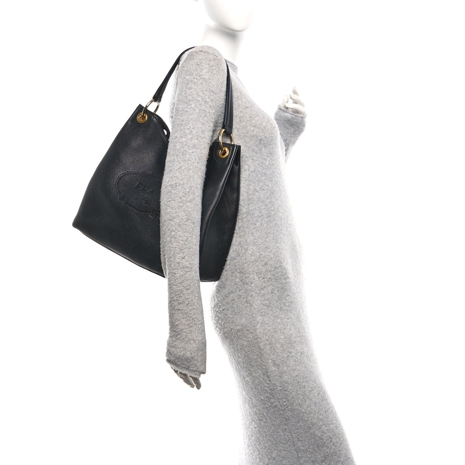 Prada Vitello Phenix Embossed Logo Hobo Black 2 of 9