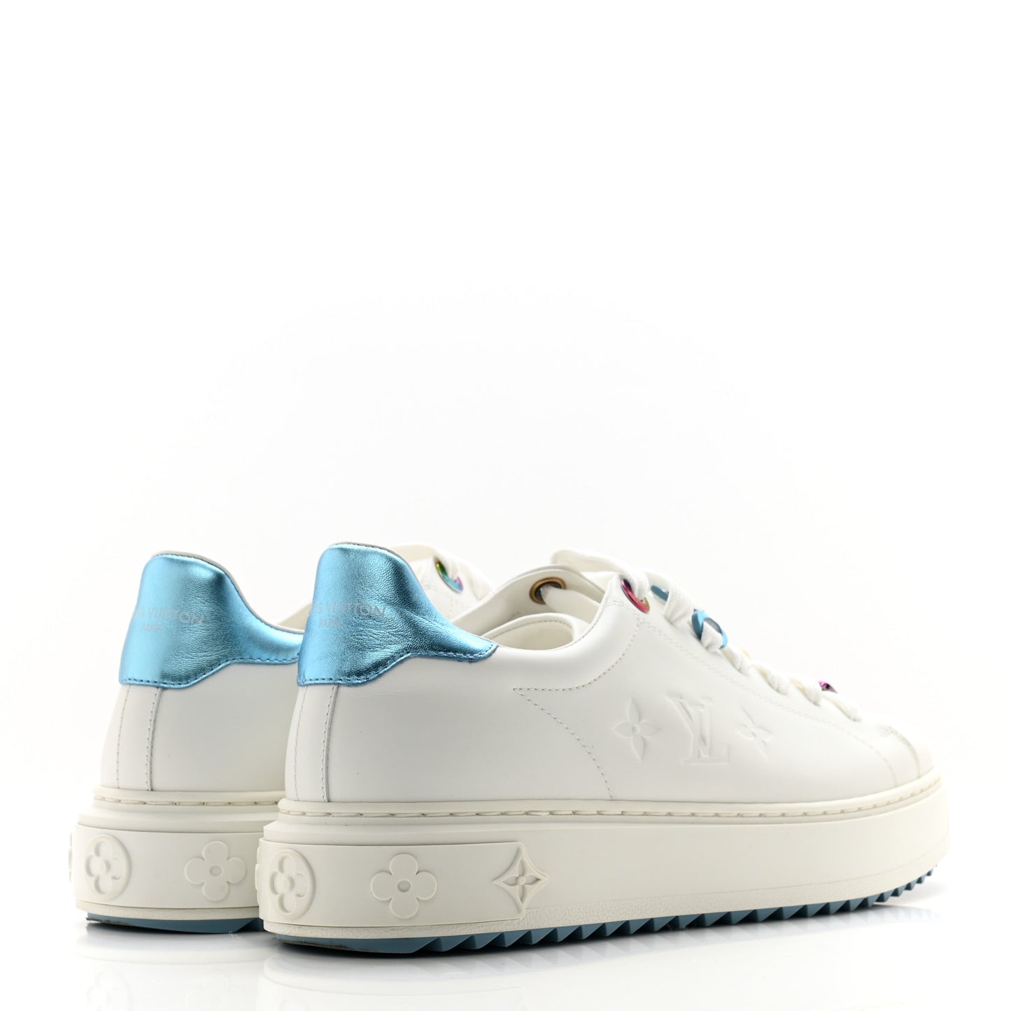Lambskin Embossed Monogram Time Out Sneakers 38.5 White Blue