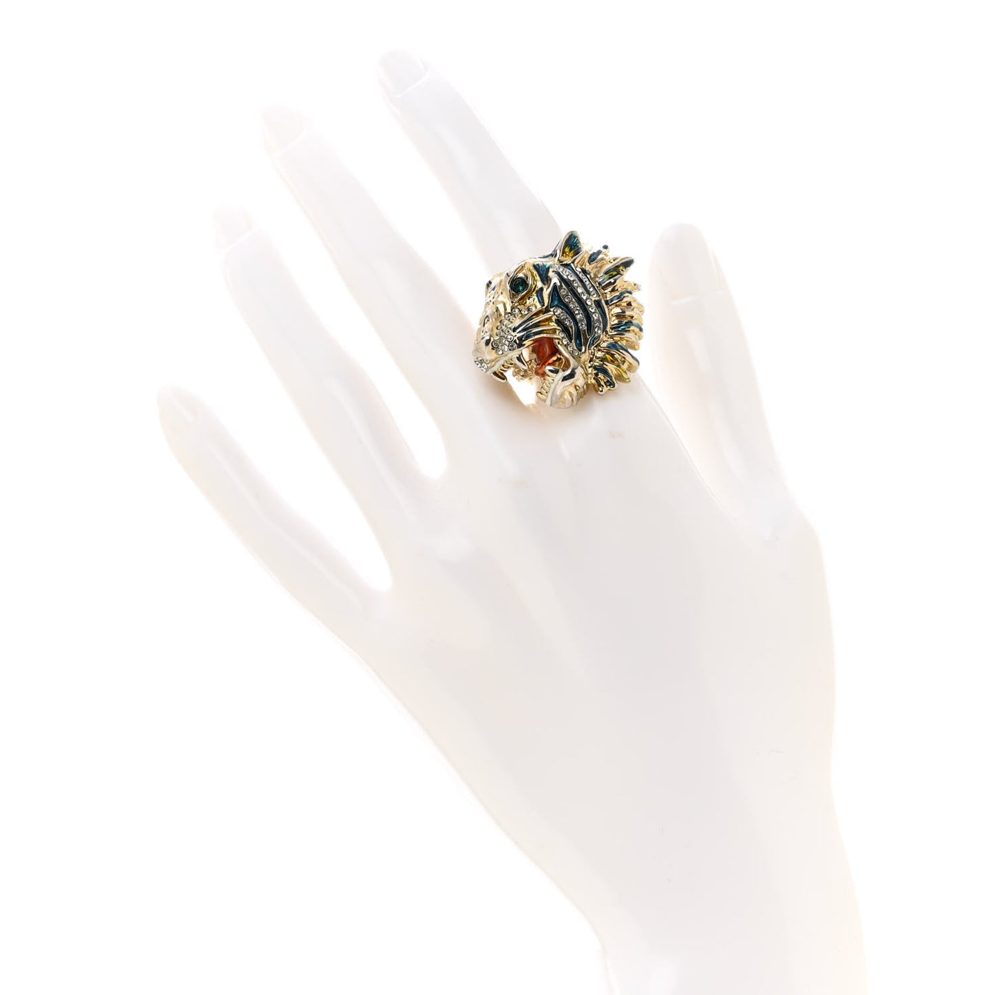 Metal Crystal Lion Head Ring XS Aged Gold Multicolor