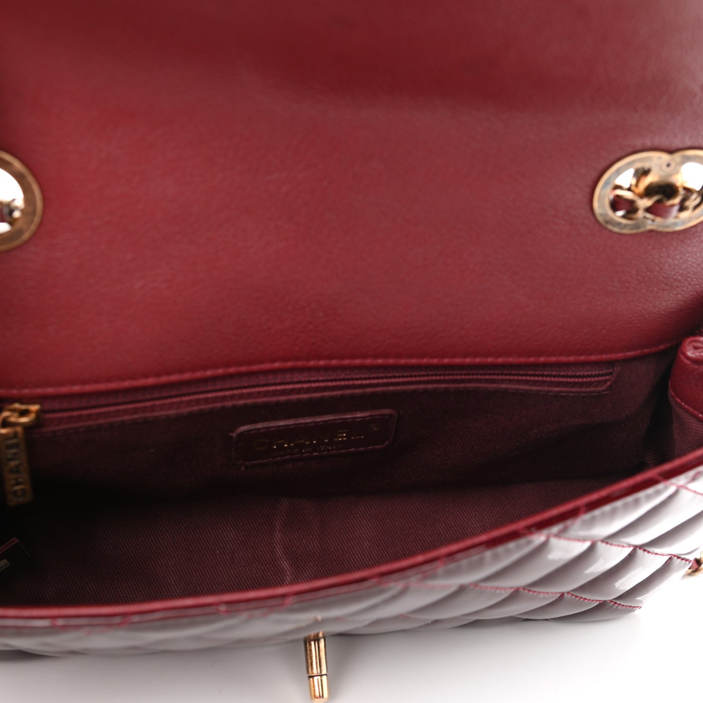 Patent Goatskin Quilted Medium CC Eyelet Flap Burgundy