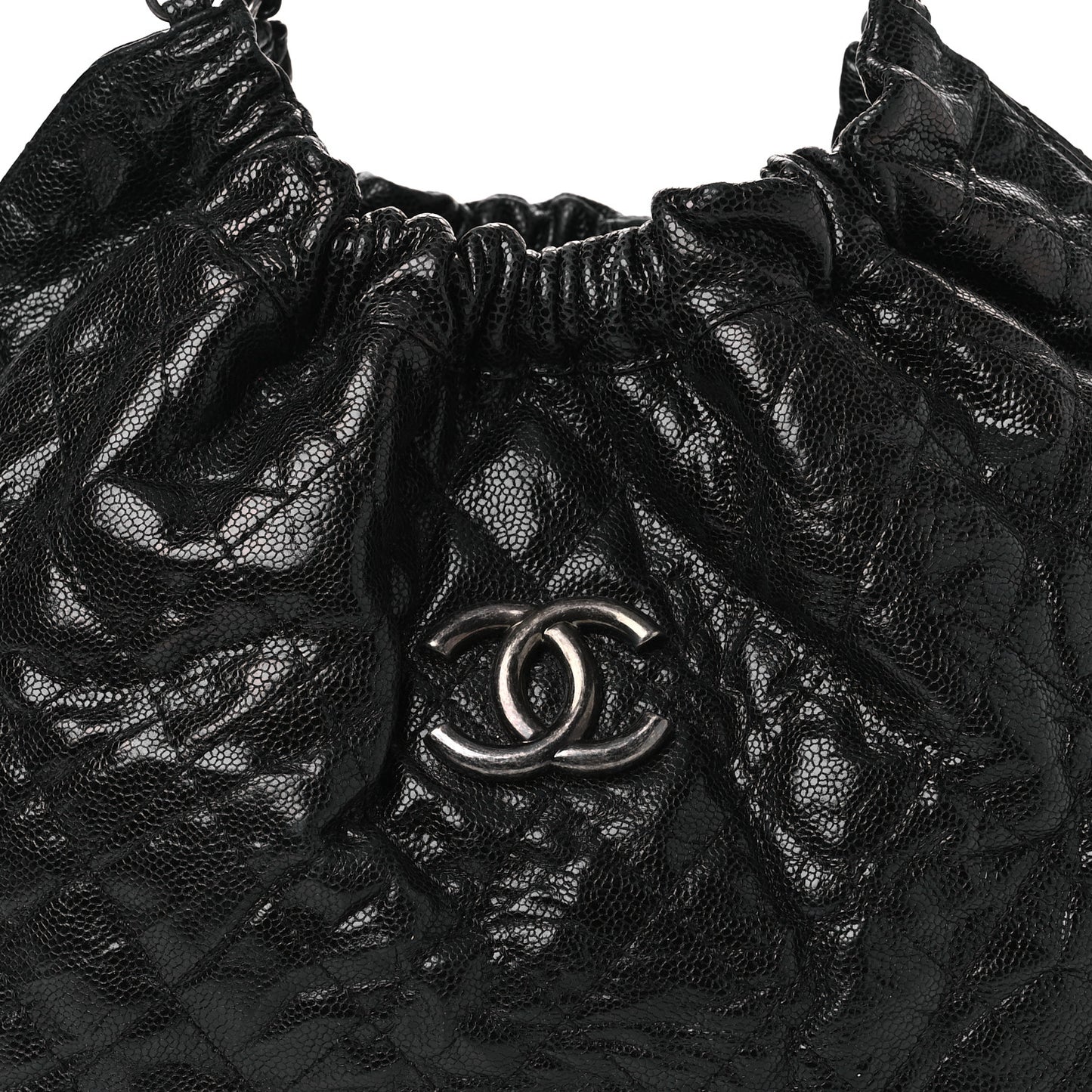 Crumpled Grained Calfskin Quilted Medium Elastic Tote Black