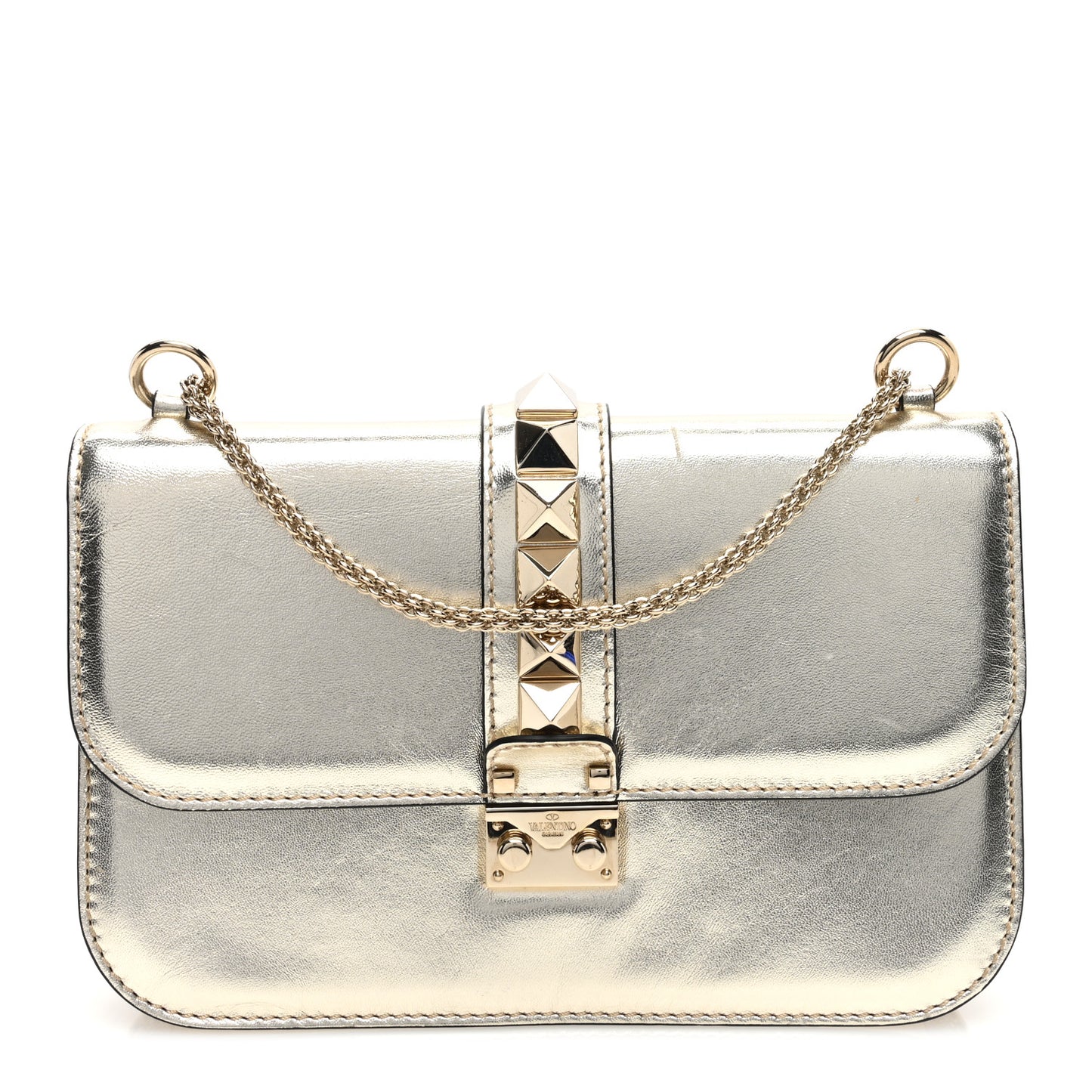 Metallic Nappa Medium Glam Lock Rockstud Flap Platino