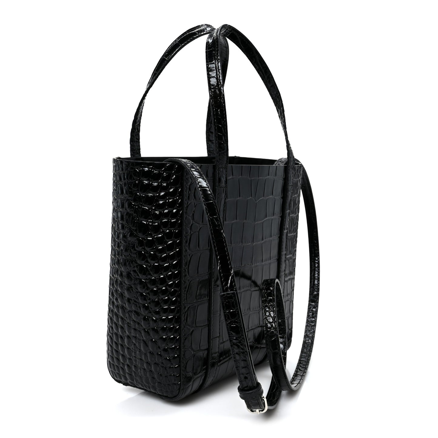 Shiny Calfskin Logo Crocodile Embossed XXS Everyday Tote  Black