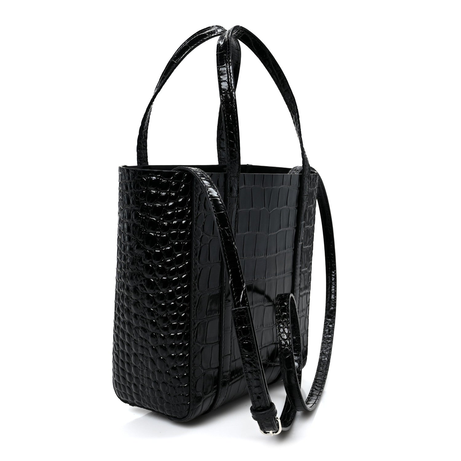Balenciaga Shiny Calfskin Logo Crocodile Embossed XXS Everyday Tote  Black 2 of 10