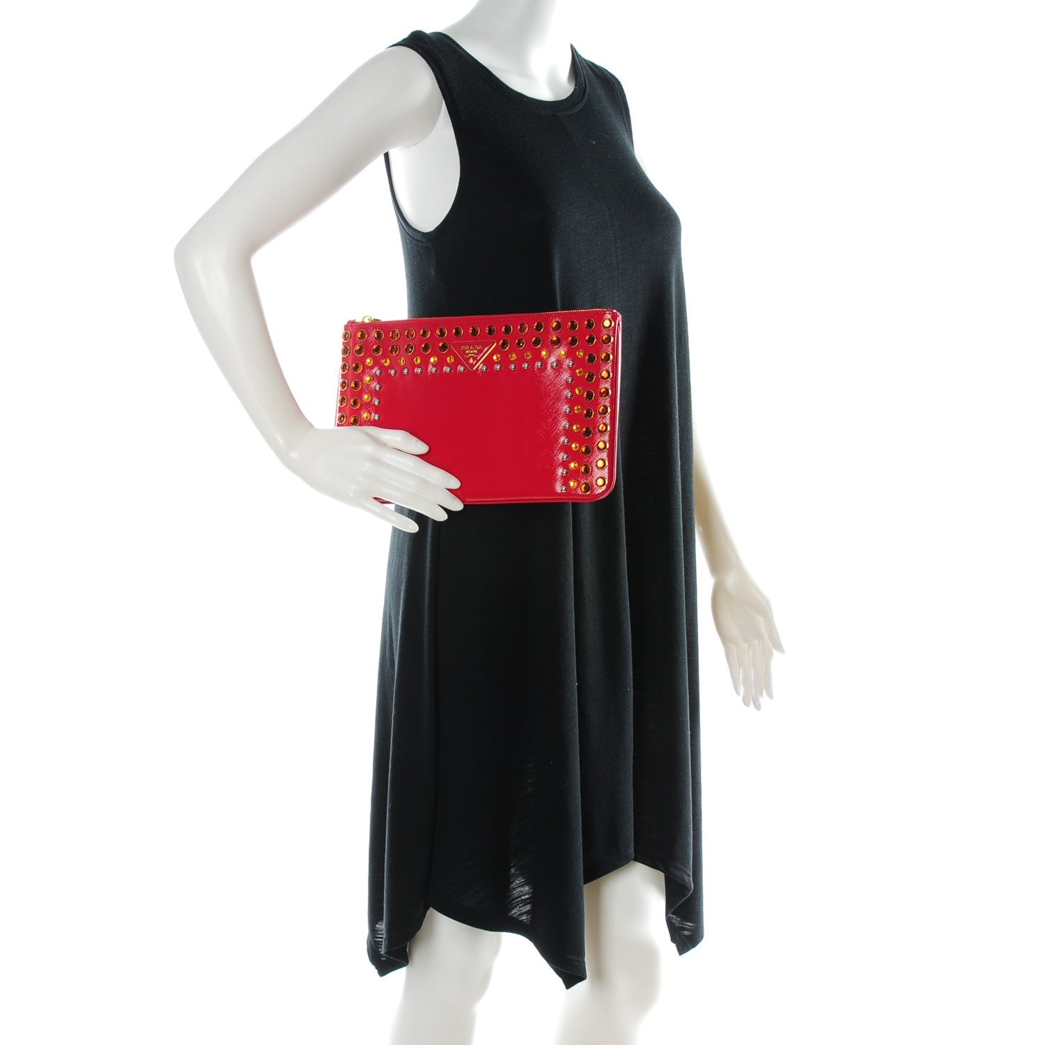 Prada Saffiano Vernice Crystal Studded Clutch Rosso 2 of 8