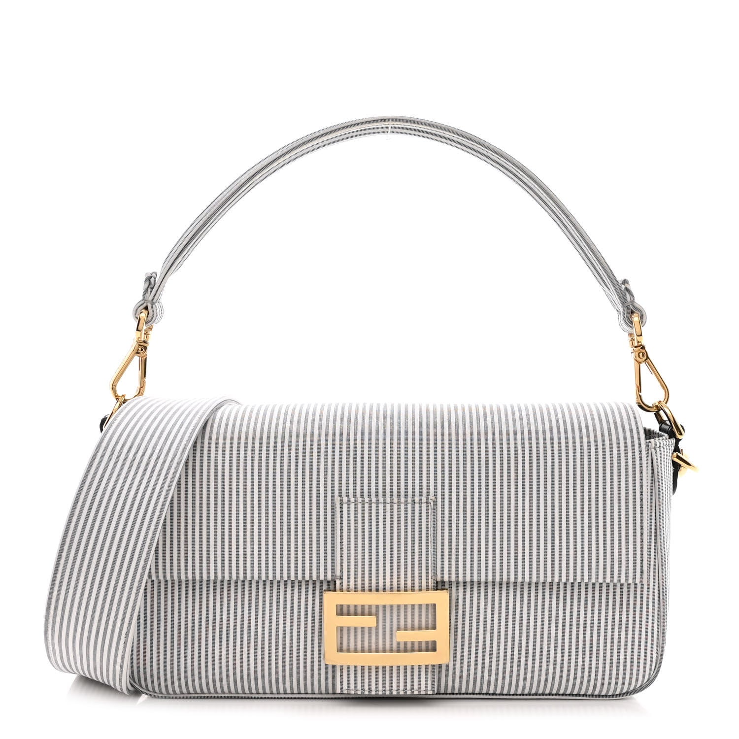 Fendi Cotton Cuoio Bretagna Striped Baguette Grigio White Black 1 of 12