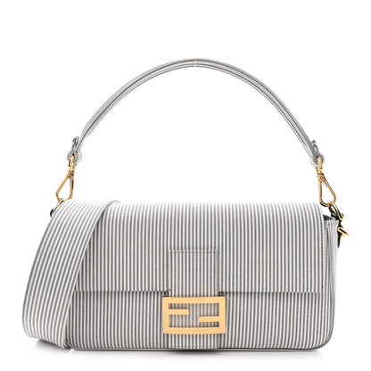 Fendi Cotton Cuoio Bretagna Striped Baguette Grigio White Black 1 of 12