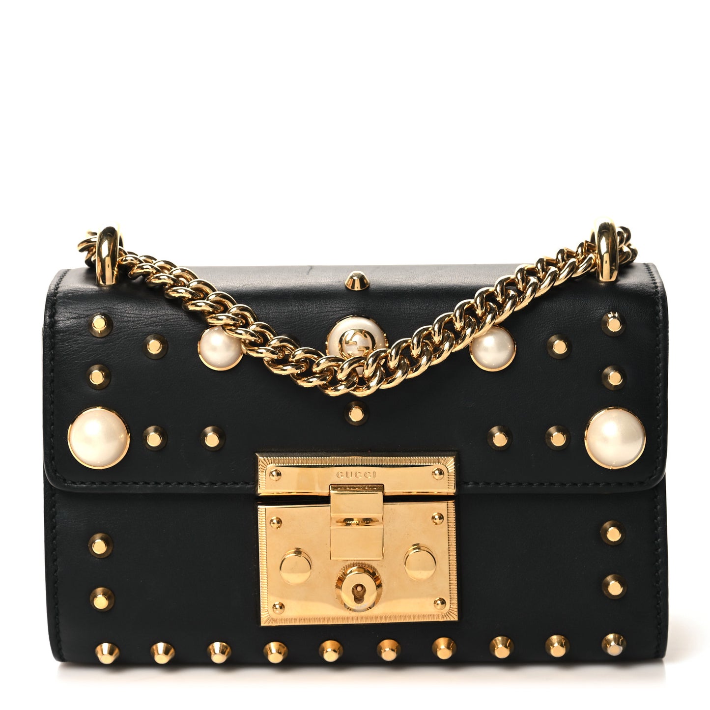 Calfskin Studded Small Padlock Shoulder Bag Black