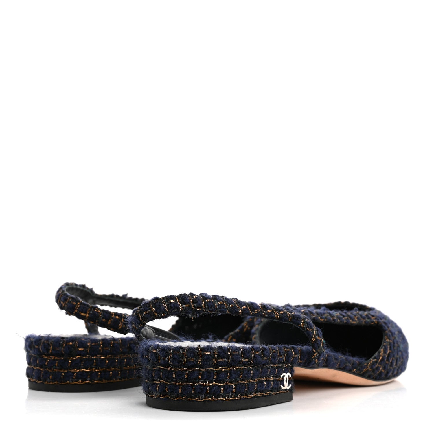 Chanel Tweed Grosgrain Cap Toe CC Slingback Flats  40 Blue Gold 5 of 14