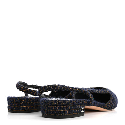 Chanel Tweed Grosgrain Cap Toe CC Slingback Flats  40 Blue Gold 5 of 14