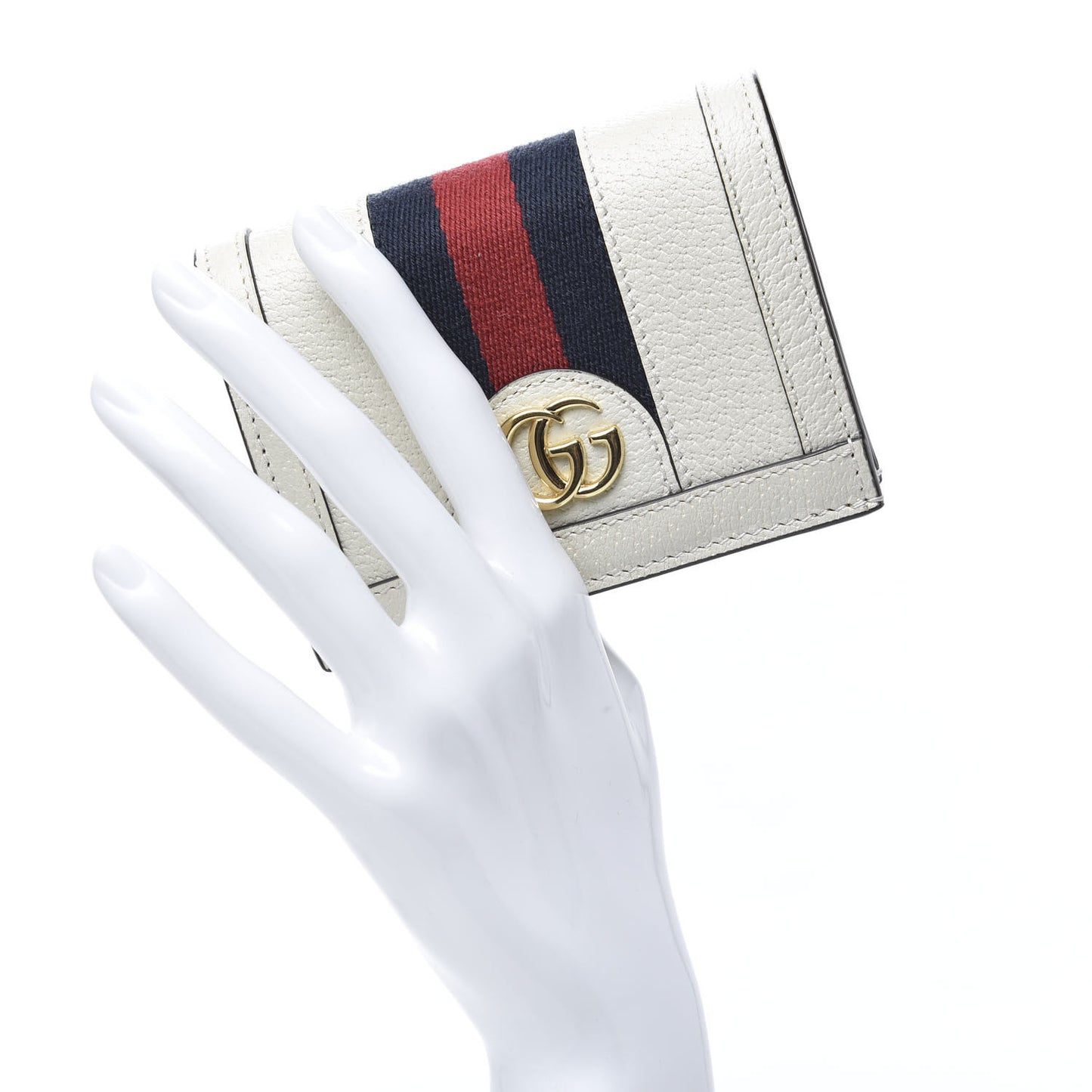 Textured Calfskin Web Ophidia Card Case Mystic White