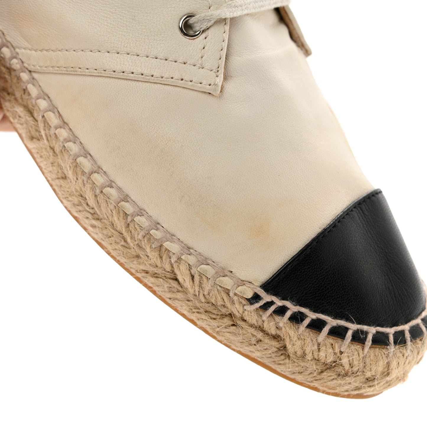 Lambskin Canvas Cap Toe Lace Up Espadrilles 38 Beige Black