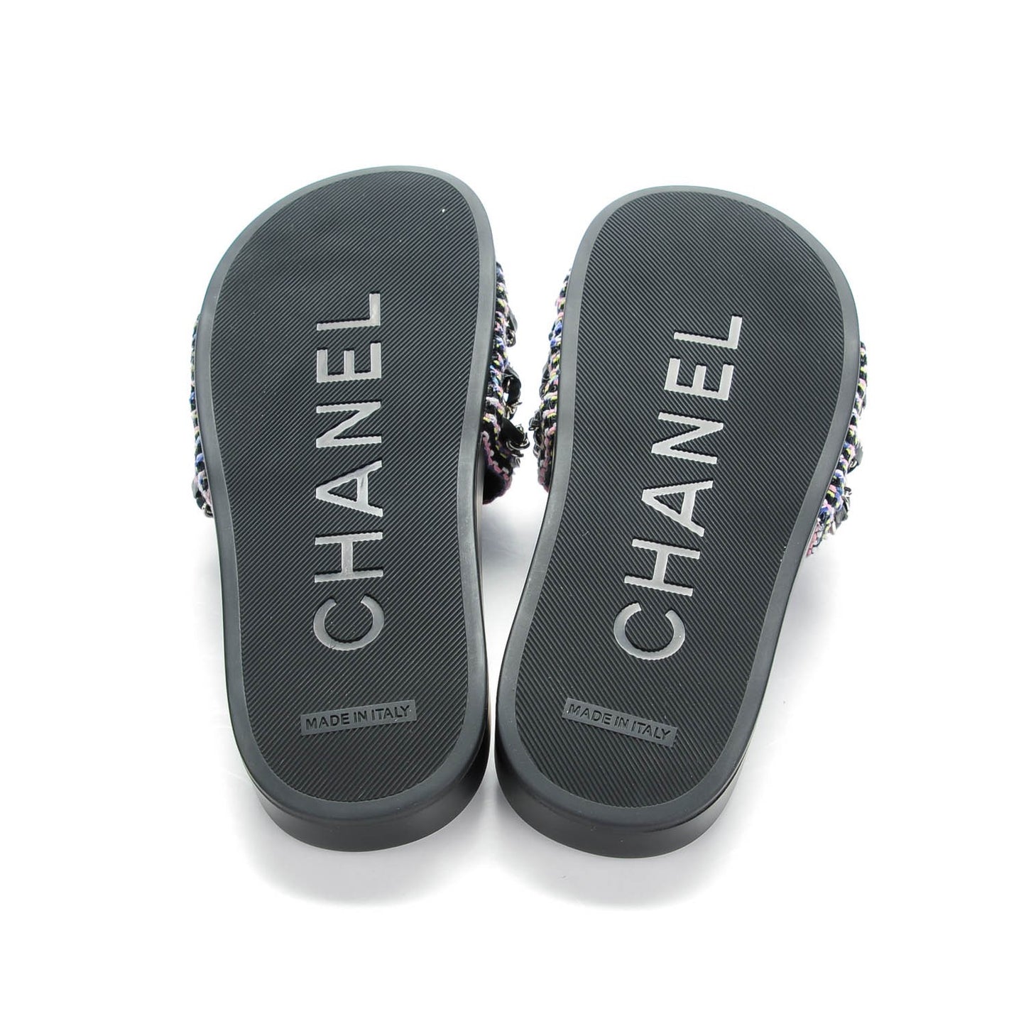 Tweed Lambskin Chain Flat Sandals 35 Black Multicolor