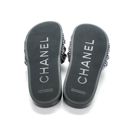 Chanel Tweed Lambskin Chain Flat Sandals 35 Black Multicolor 7 of 8
