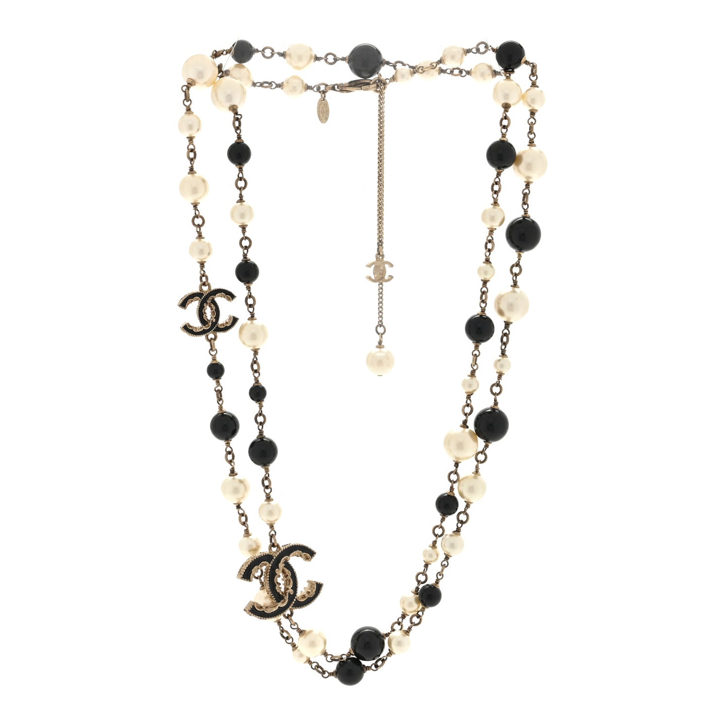 Pearl Enamel Beaded CC Baroque Long Necklace Black White Gold