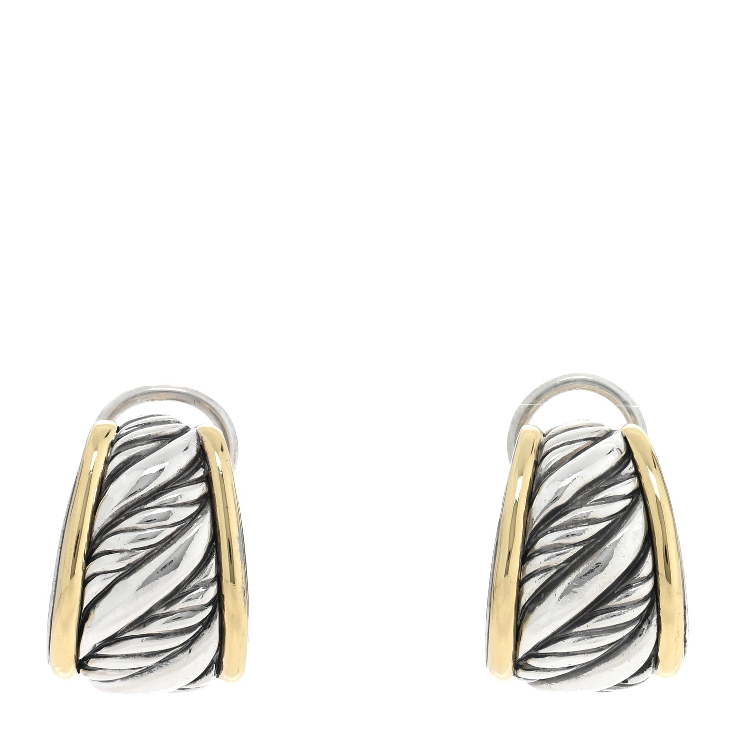 David Yurman Sterling Silver 18K Yellow Gold Carved Cable Hoop Earrings 1 of 4
