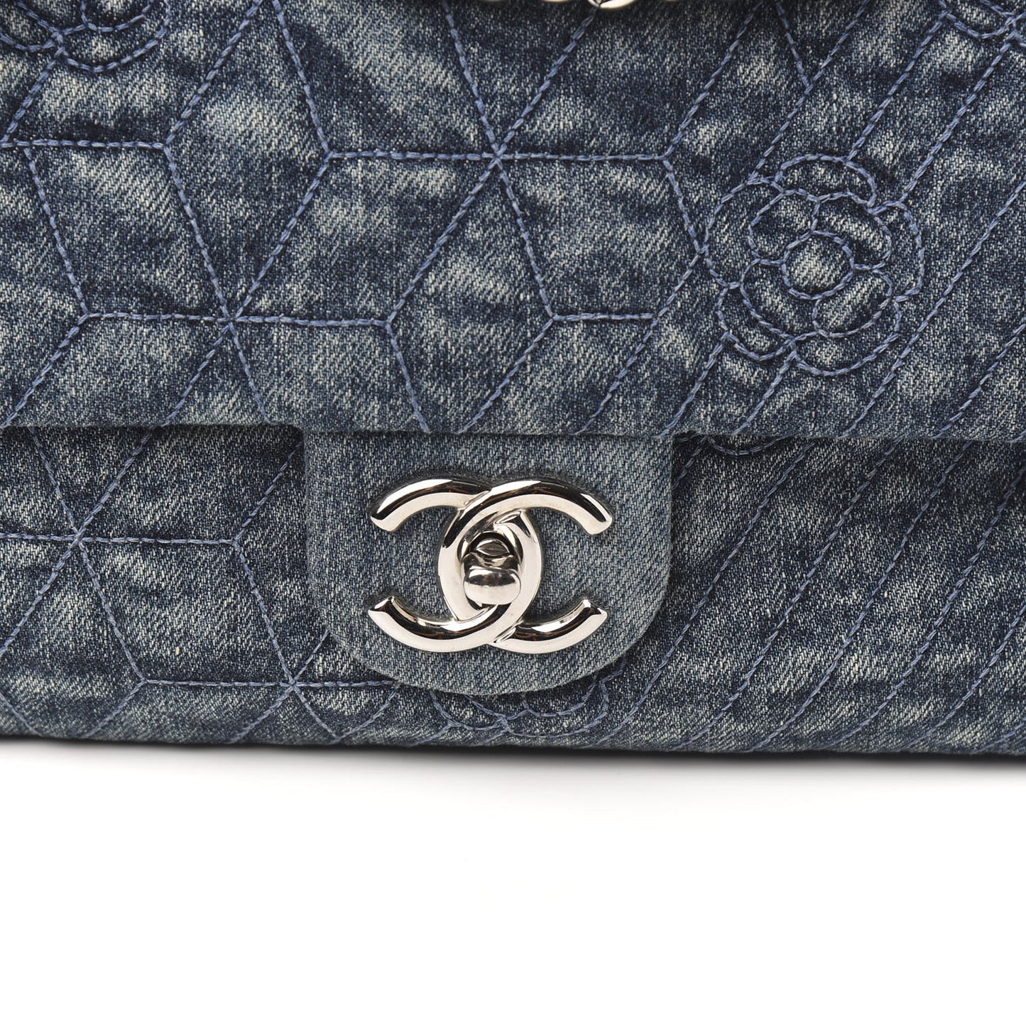 Denim Quilted Camellia Embroidered Large Flap Blue