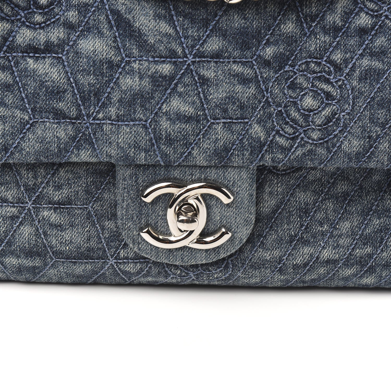 Chanel Denim Quilted Camellia Embroidered Large Flap Blue 10 of 10