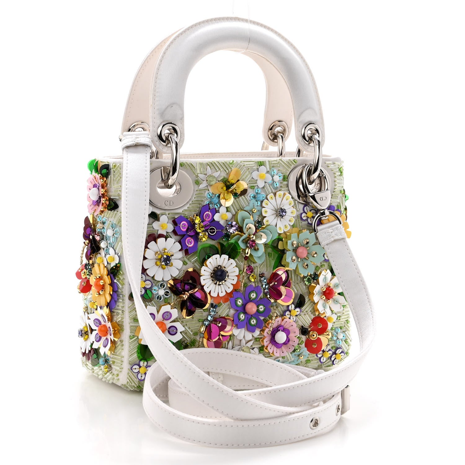 Christian Dior Satin Beaded Floral Embroidered Mini Lady Dior White Multicolor 3 of 10