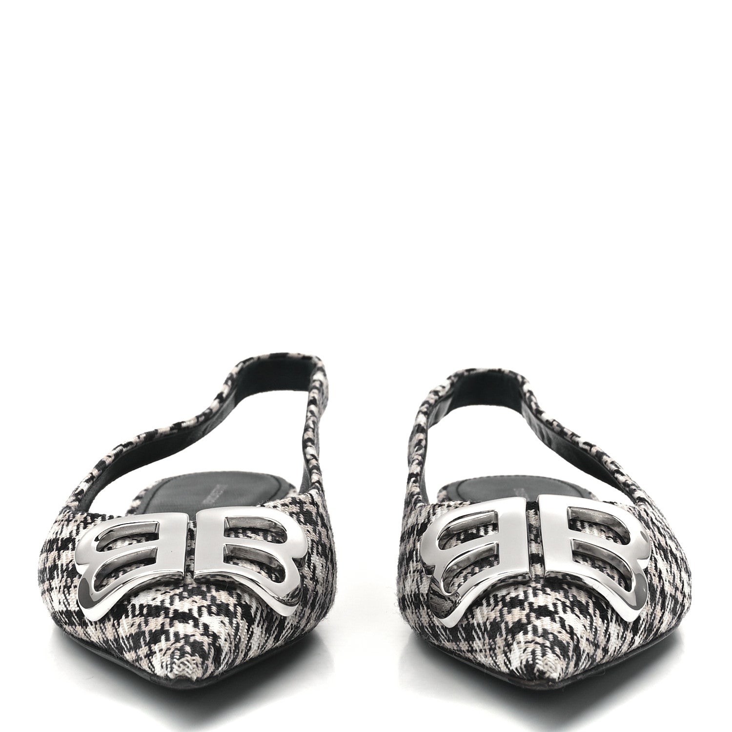 Balenciaga Tweed Prince Of Wales BB Knife Pointy Toe Slingback Flats 37 Beige Navy Silver 2 of 8