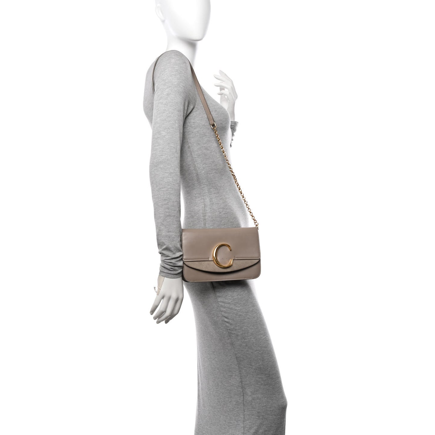 Calfskin Suede C Clutch With Chain Motty Grey