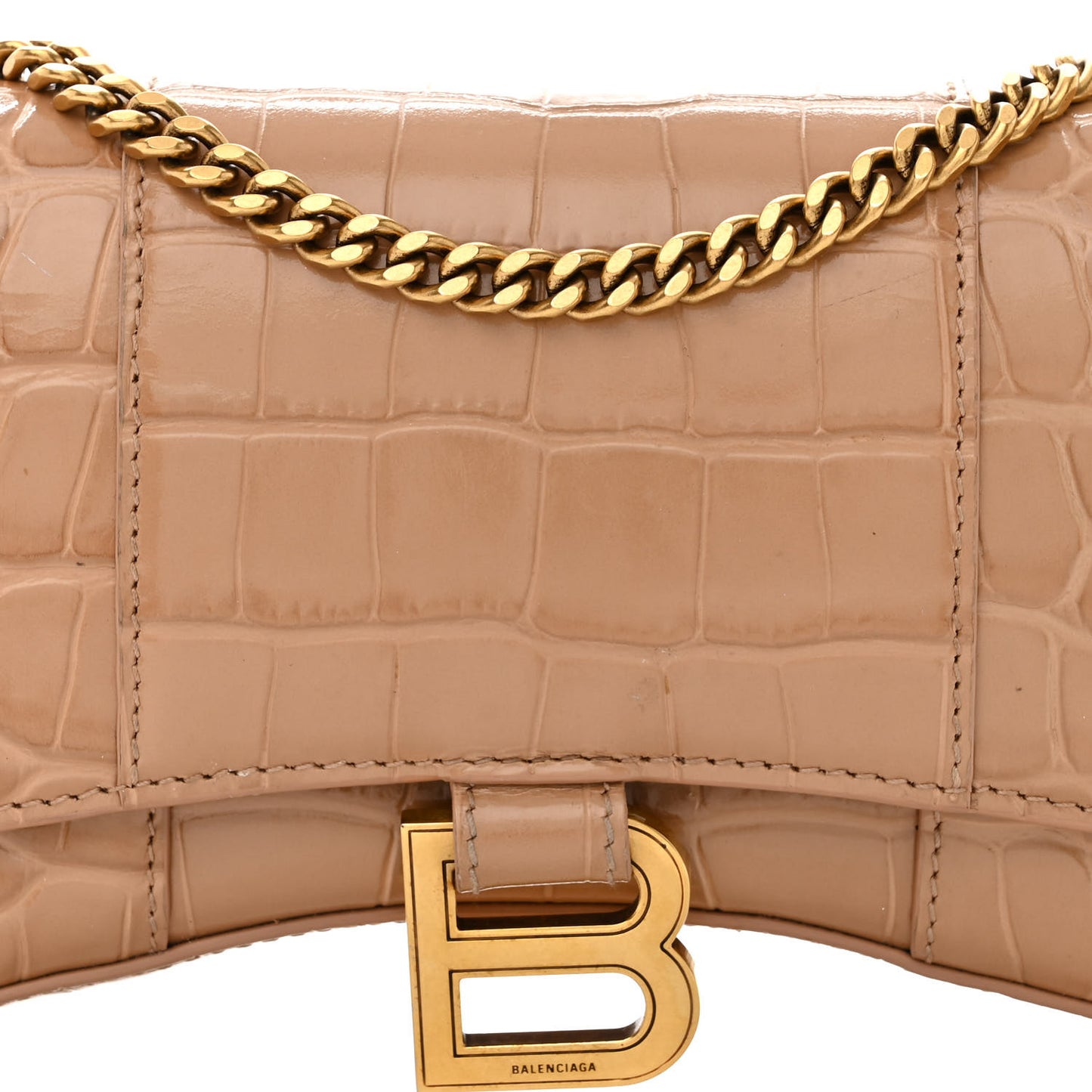 Shiny Calfskin Crocodile Embossed Hourglass Chain Bag Nude Beige